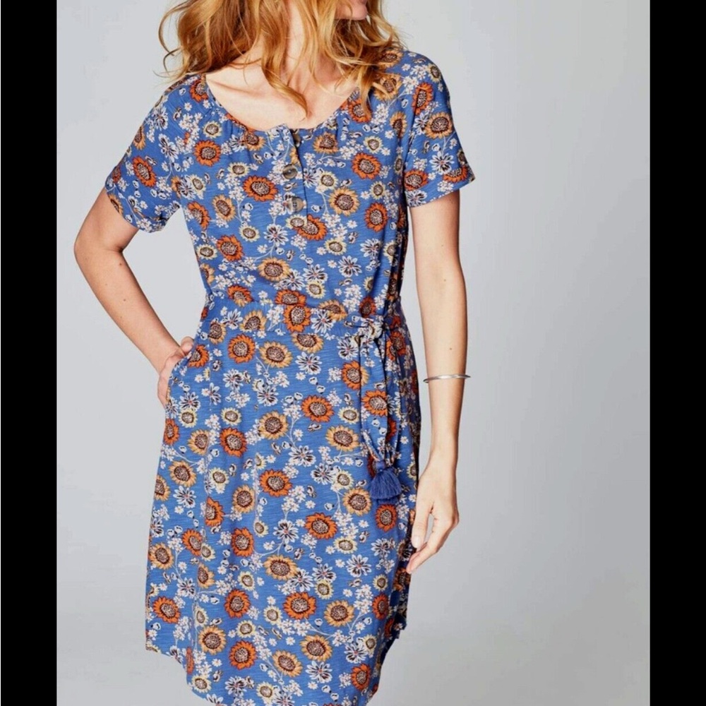 J. Jill Blue Floral Tie-Waist Short Sleeve Dress